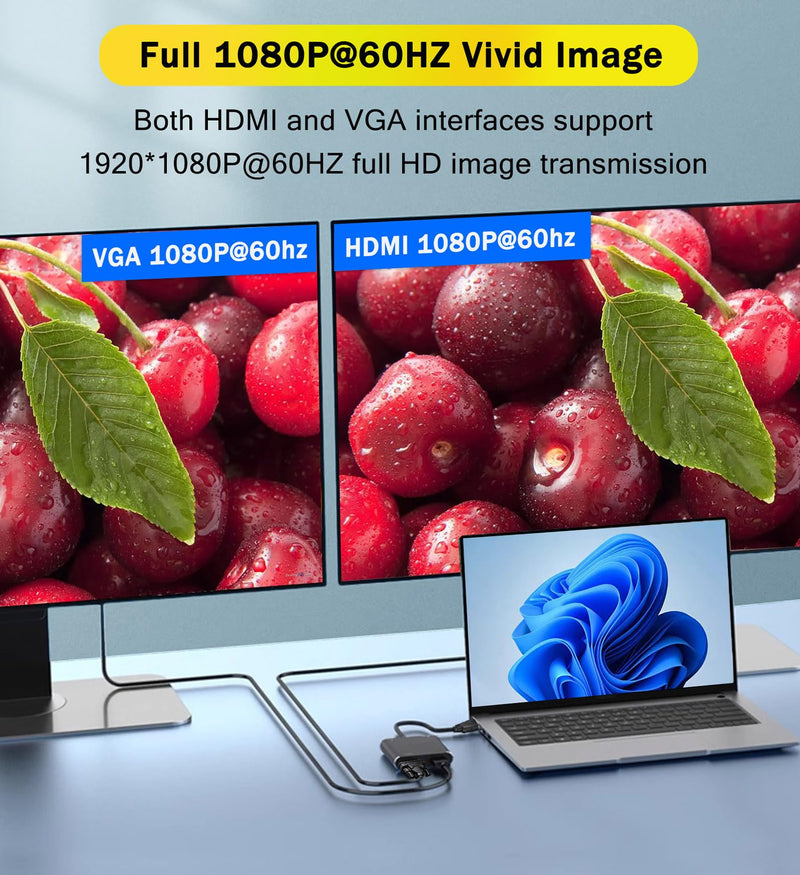 VGA to HDMI+VGA Adapter for Dual monitors, VGA to VGA, VGA to HDMI Adapter Splitter 2 IN 1,1080P@60HZ Full HD Display Video Converter for PC Laptop Link Monitor/HDTV/Projector, Fully Plug & Play