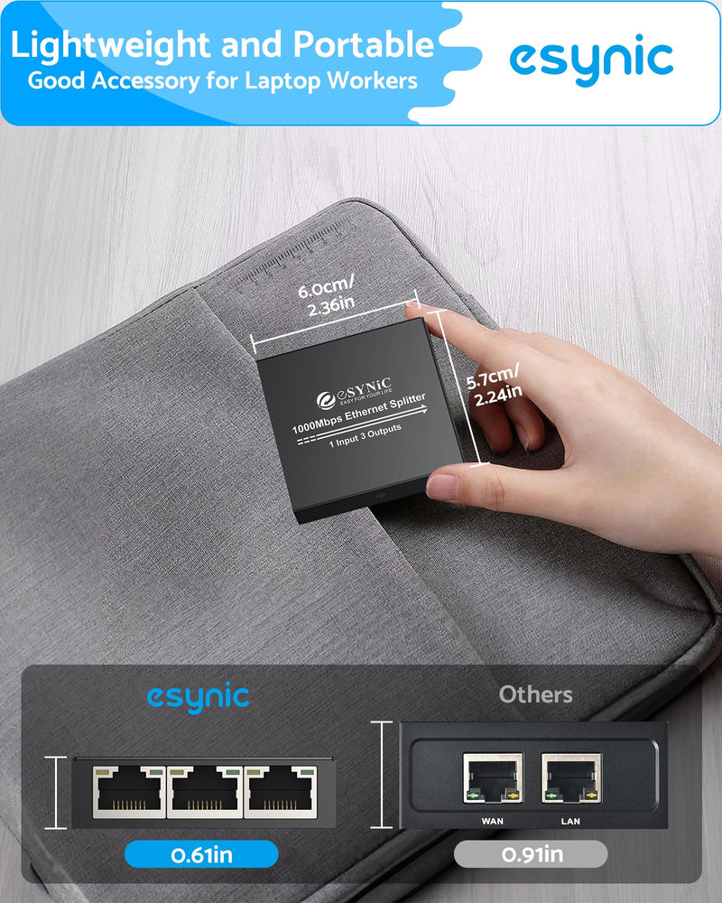 eSynic Ethernet Splitter 1 to 3 Portable 1000Mbps High Speed Network Splitter Durable Metal Case Gigabit RJ45 Internet Splitter for LAN RJ45 ethernet Cable Splitter Work with Cat5/5e/6/7/8 Cable ESY243