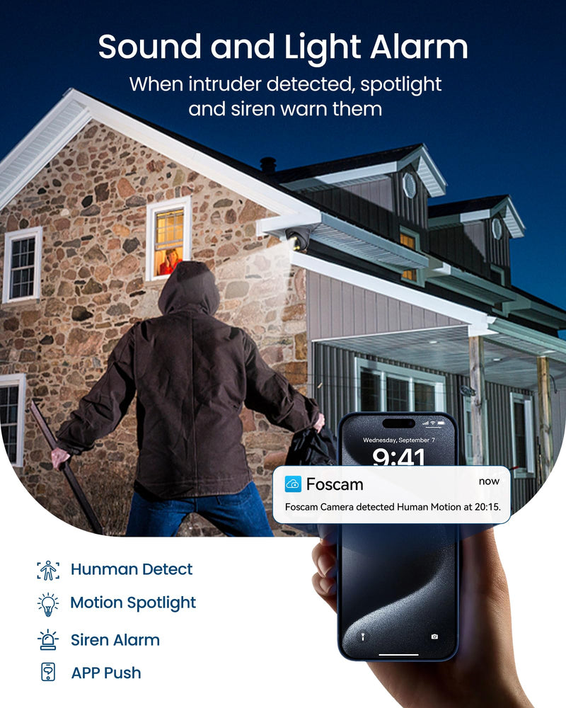 FOSCAM 5MP Security POE IP Camera Outdoor/Indoor, 3K Home Security Surveillance Cameras with 2-Way Talk, Color Night Vision, Spotlight, Compatible with Alexa IP66,Gray T5EPG