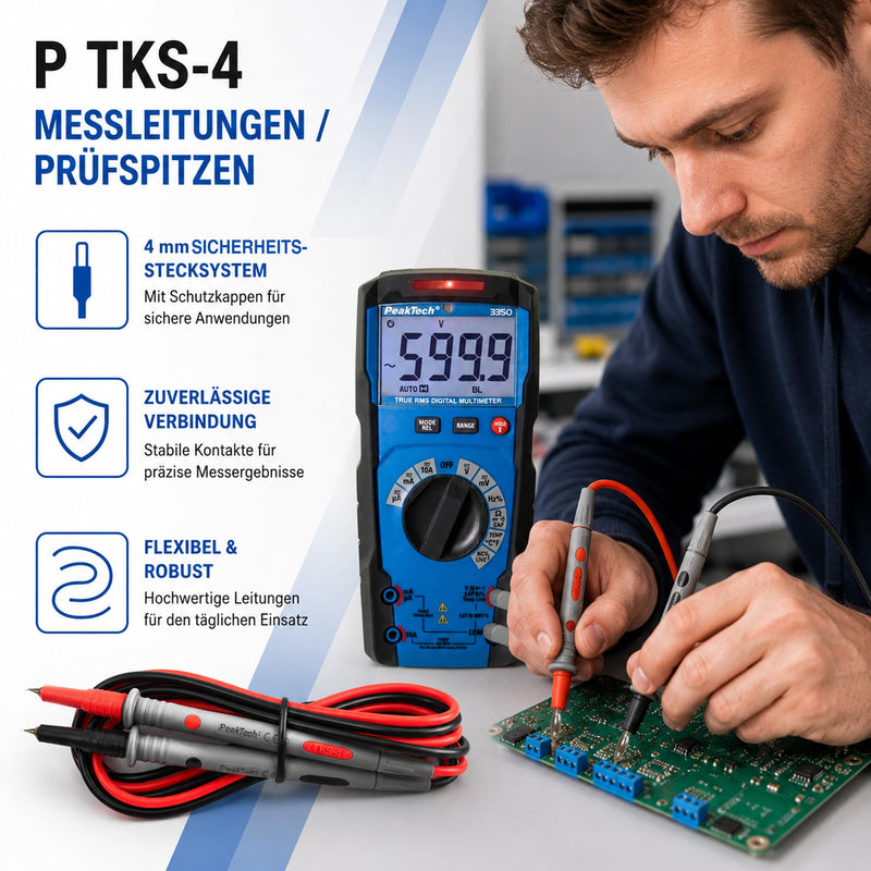 Peak Tech 1 Pair Flexible Multimeter Test Leads 120cm, Safety - Test Kit Cable, 1000V AC / DC, 10A, Cat III / IV, 1, TKS Pack of 4 TKS-4