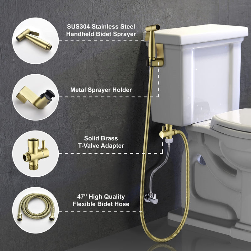 SHAMANDA Handheld Bidet Sprayer for Toilet, Stainless Steel Baby Cloth Diaper Sprayer Kit, Bathroom Toilet Bidet Attachment Set for Bathing Pets Feminine Hygiene, Brushed Gold BDS01-3 Cold Water Mode Only