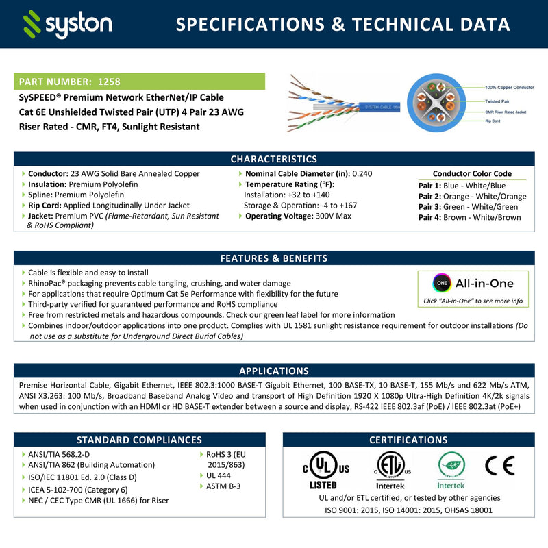 Syston Cable Technology Cat 6E Ethernet Network Cable - 100 FT，600MHz 23AWG Solid Bare Copper Wire Outdoor/Indoor, Bulk No Ends 10 Ft to 1000 Ft Available, Heat Resistant Riser Rated - CMR 100FT Blue