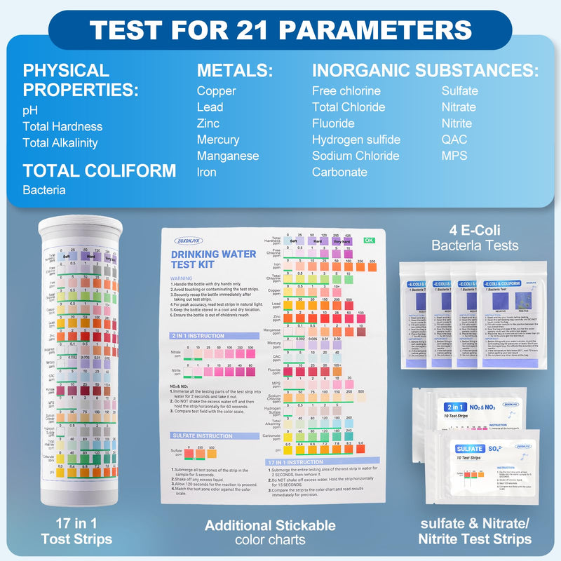 21-in-1 Home Drinking Water Testing Kit,145 Strips + 4 Bacteria Tests,Tap and Well Water Test Kit, Easy to Test and Read Home Test Strips for Hardness, Lead, Iron, Fluoride, pH, Copper and More