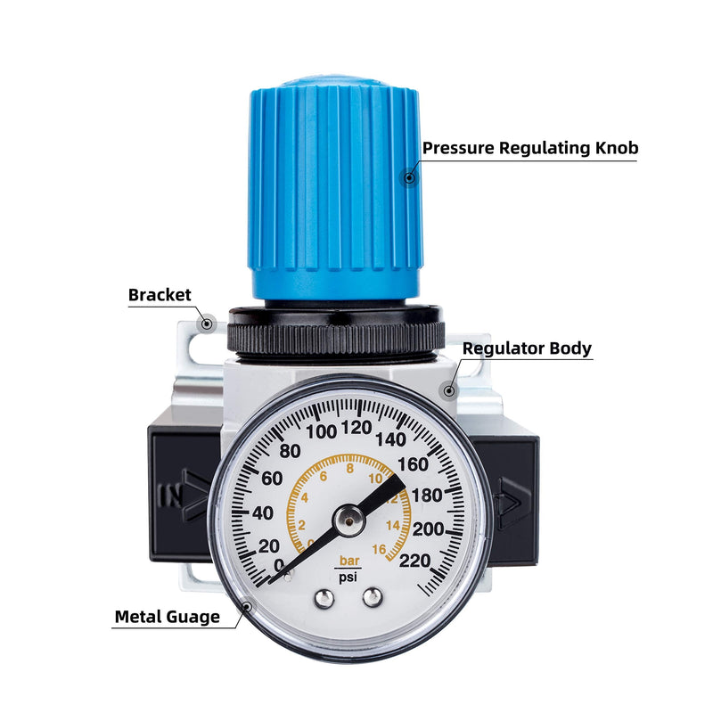 NANPU 1/4" BSP Air Pressure Regulator - Zinc Alloy, Pressure Gauge (0-16 bar), for Air Compressors and Air Tools 1/4" BSPP