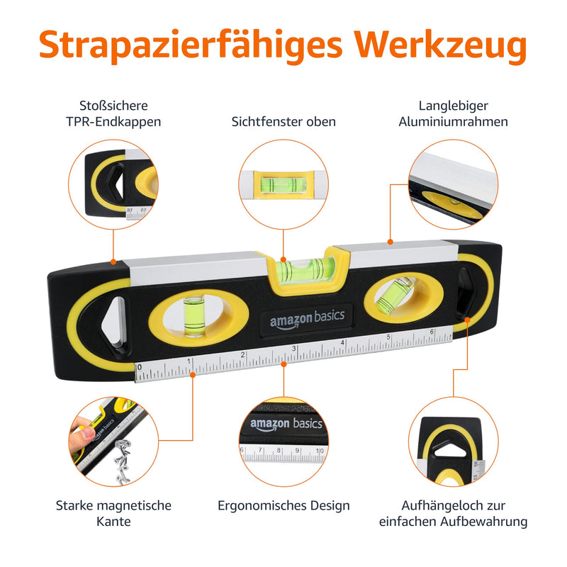Amazon Basics Magnetic Torpedo Spirit Level and Ruler Spirit Level Solder / Spirit Level / 180-90-45 Degree Bubbles 22.8 cm (9 inches), Black, Yellow