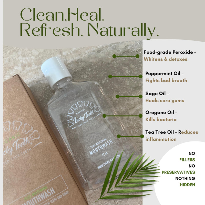 Lucky Teeth Organic Food Grade Peroxide MouthWash - Plus WHITENING - Whitens, Refreshes. Food Grade Peroxide + Essential Oils. … (2) 2