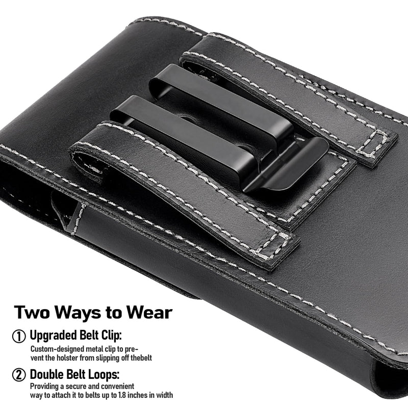 ykooe Genuine Leather Phone Holster for All iPhone Pro Max Plus (15 14 13), Galaxy S24 Plus, S23 Plus Cell Phone Belt Holder with Belt Clip (Fits Otterbox Commuter Case on), Black -XL XL