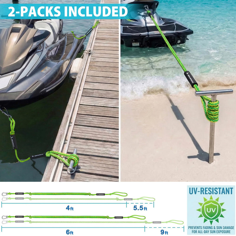 Obcursco Bungee Dock Lines for Boat, Docking Rope with 316 Stainless Steel Clips, Accessories for Jet Ski, PWC, SeaDoo, Pontoon, Center Console, Sets of Two(4ft & 6ft) (Green/Yellow) Green/Yellow