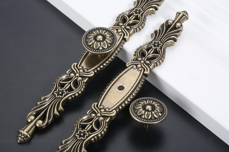 5PCS Knobs Handles with Plate, 10.2" Antique Bronze Cabinet Pulls, Vintage Knobs for Drawer Furniture Door Bedroom Kitchen Cupboard with 15 Screws 5 Pieces 5#