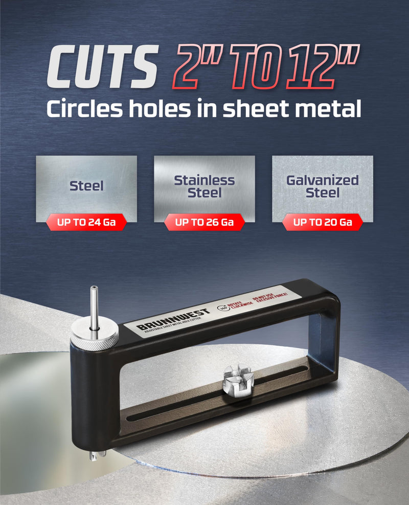 Adjustable Sheet Metal Hole Cutter with 4 Extra BITS, Sheet Metal Circle Cutters, Metals Holes Saw, HVAC Ductwork/Duct Hole Cutter - Cut 2-12” Circles Holes in 24Ga Steel and 26Ga Stainless Hole Cutter + 4 Extra Drill Bits