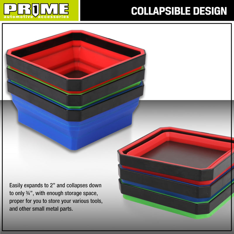 PR1ME Collapsible Magnetic Parts Tray Set, Foldable Magnetic Tray, 3 Pieces 4.25 inch Square Silicone Bowls with Magnetic Base Stores and Organizes Small Parts and Tools Basic Trays