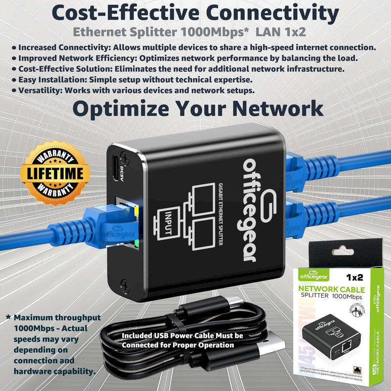 officegear Ethernet Splitter: 1 to 2 High Speed 1000Mbps, Gigabit LAN with USB-C Power Cable, RJ45 Splitter for Cat5/5e/6/7/8 Cable – Simultaneous Networking for 2 Devices -Lifetime Operation