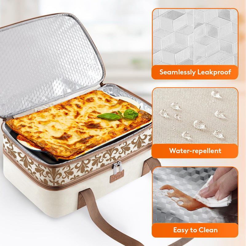 Lifewit Insulated Double Decker Casserole Carrier for Hot or Cold Food, Lasagna Lugger Holder Fits 9" x 13" Baking Dish, Thermal Lunch Tote Bag for Potluck Parties, Picnic and Cookouts, Cream Beige 15.7 x 11.4 x 8.3inch