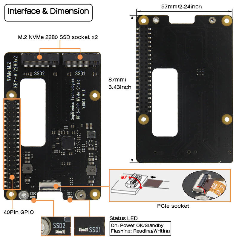 Geekworm X1004 PCIe to Dual M.2 NVMe 2280 SSD HAT for Raspberry Pi 5 | PCIe 2.0