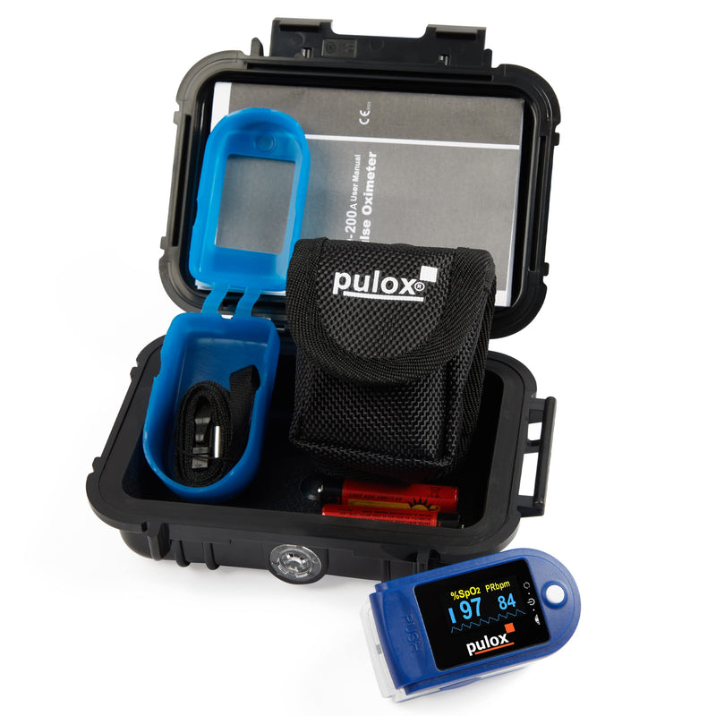 Pulse oximeter Pulox PO-200A with alarm, pulse tone and accessory set for measuring SpO2, pulse and PI - blue