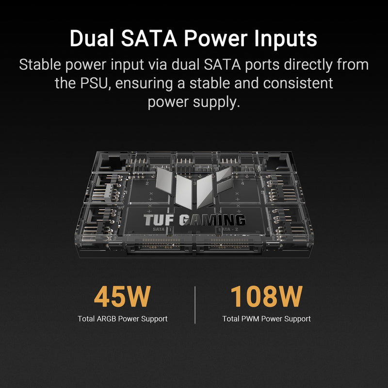 ASUS TUF Gaming ARGB PWM Fan Hub (Connects six case Fans, PWM Fan and RGB Connector, Clear Power and Operation Indicators, Stable Dual SATA Power Support), 2 Year Warranty PWM ARGB Fan Hub|Black