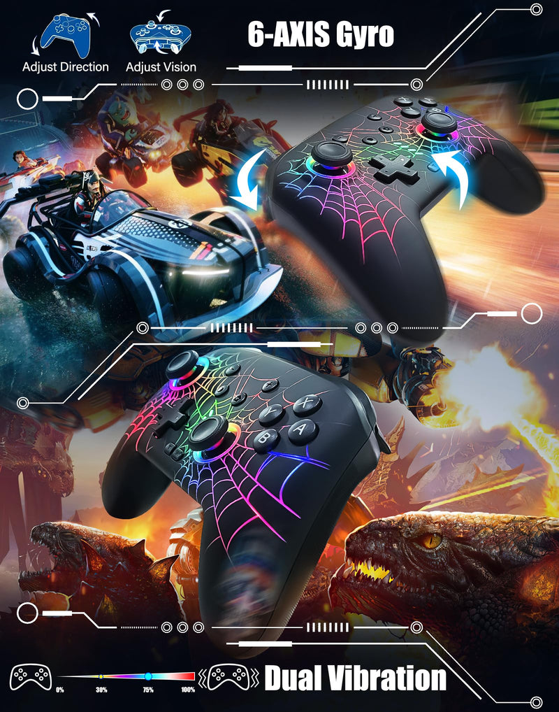 RJAD Switch Controllers for Nitendo Switch/OLED/Lite, Wireless Switch Pro Controller with 10 Colors Light, 1000mAh Rechargeable Switch Turbo Control with Vibration, 6-Axis Gyro, Turbo, Wake Up