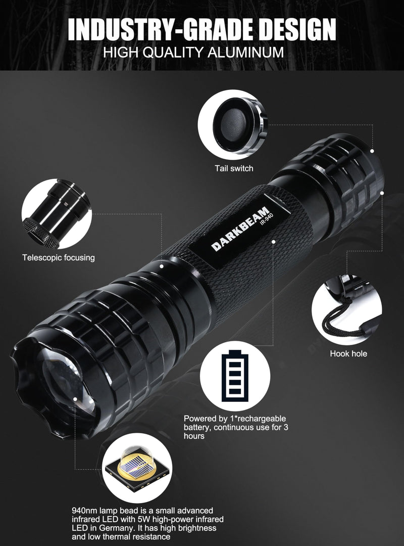 DARKBEAM ir Flashlight Infrared 940nm Lights LED Mini for Night Vision, Rechargeable Portable Tactical ir Illuminator Torch, Focus Adjustable for Hunting, Observation, Search 501F Infrared 940nm Light