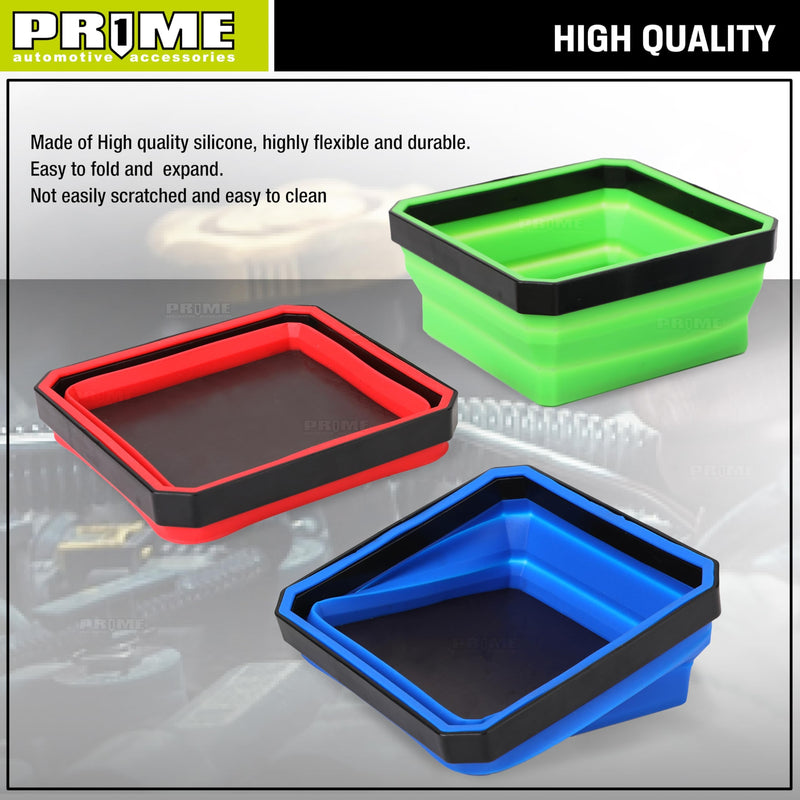 PR1ME Collapsible Magnetic Parts Tray Set, Foldable Magnetic Tray, 3 Pieces 4.25 inch Square Silicone Bowls with Magnetic Base Stores and Organizes Small Parts and Tools Basic Trays