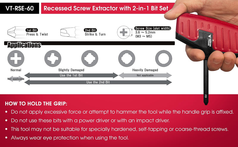 VAMPLIERS Recessed Screw Extractor, Phillips Screw Head 2 Bit Set. Made in Japan. Specially Designed to Remove Damaged/Stripped Countersunk Flathead Screws. High Torque Handle Grip.