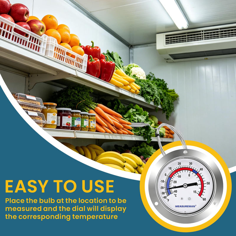 MEASUREMAN Vapor Capillary Flanged Panel Mount Refrigeration Thermometer, 2.5" Dial, 48" Capillary, -40-60 deg F/-40-15 deg C, Re-Calibration Available -40-60 deg F/-40-15 deg C (2.5" Dial)