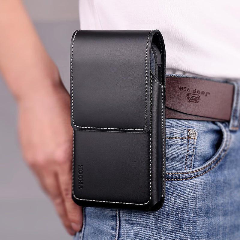 ykooe Genuine Leather Phone Holster for All iPhone Pro Max Plus (15 14 13), Galaxy S24 Plus, S23 Plus Cell Phone Belt Holder with Belt Clip (Fits Otterbox Commuter Case on), Black -XL XL
