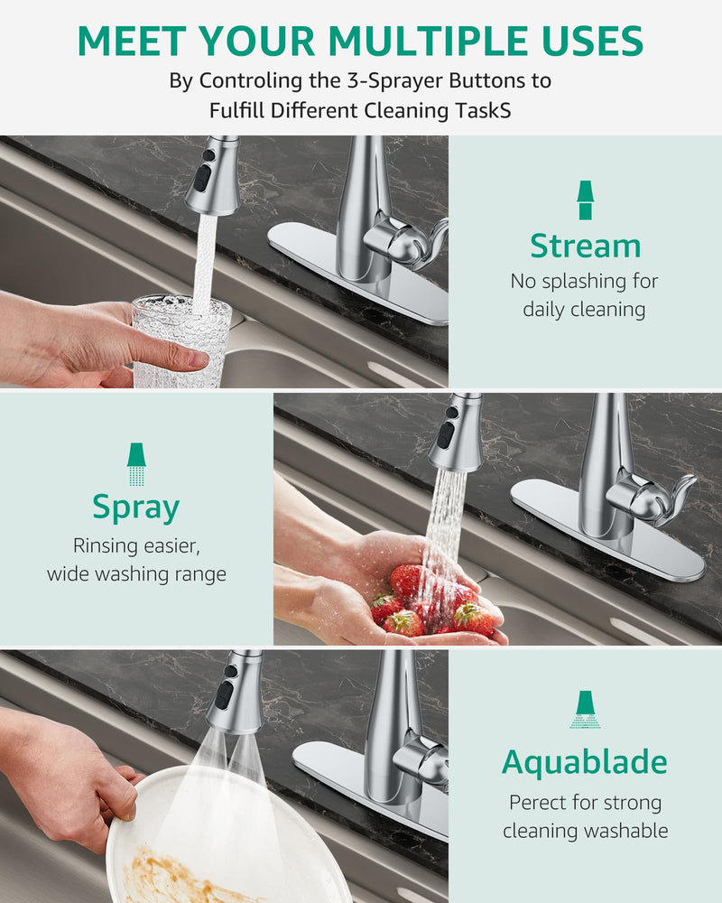 Mbillion Universal Polished Chrome Kitchen Faucet Head Replacement, 3 Function ABS Sink Faucet Head, Pull-Down Nozzle with 14 Adapters, Compatible with Moen,Delta,Kohler,WEWE American Standard