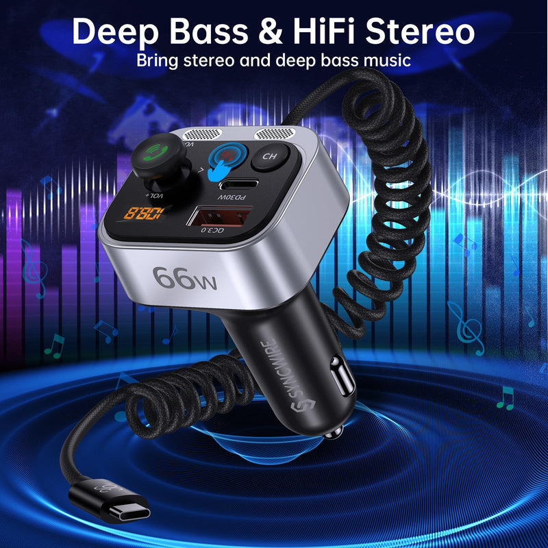 Syncwire Bluetooth 5.3 FM Transmitter Car Adapter, 66W PD QC 3.0 Fast Charge Car Charger with USB-C Coiled Cable, Wireless FM Radio Adapter, Strong Mics, Bass HiFi Sound, Hands-free Call, Light Switch
