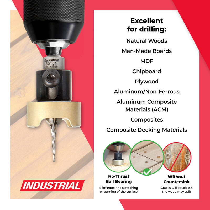 Amana Tool 82 Degree Countersink with Tapered Drill Bit and Adjustable Depth Stop, 55151, 3/8 D x 1/8 Drill D x 1/4 Inch Quick Release Hex Shank