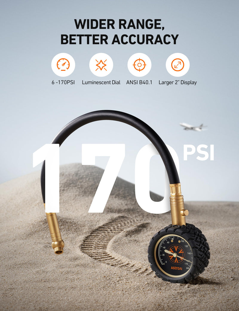 AstroAI Tire Pressure Gauge, 6-170 PSI, Certified ANSI B40.1(1%) Accurate with Large 2" Dial Easy to Read Compatible with Cars, Trucks, SUVs, Motorcycles, Bicycles with Schrader Valve