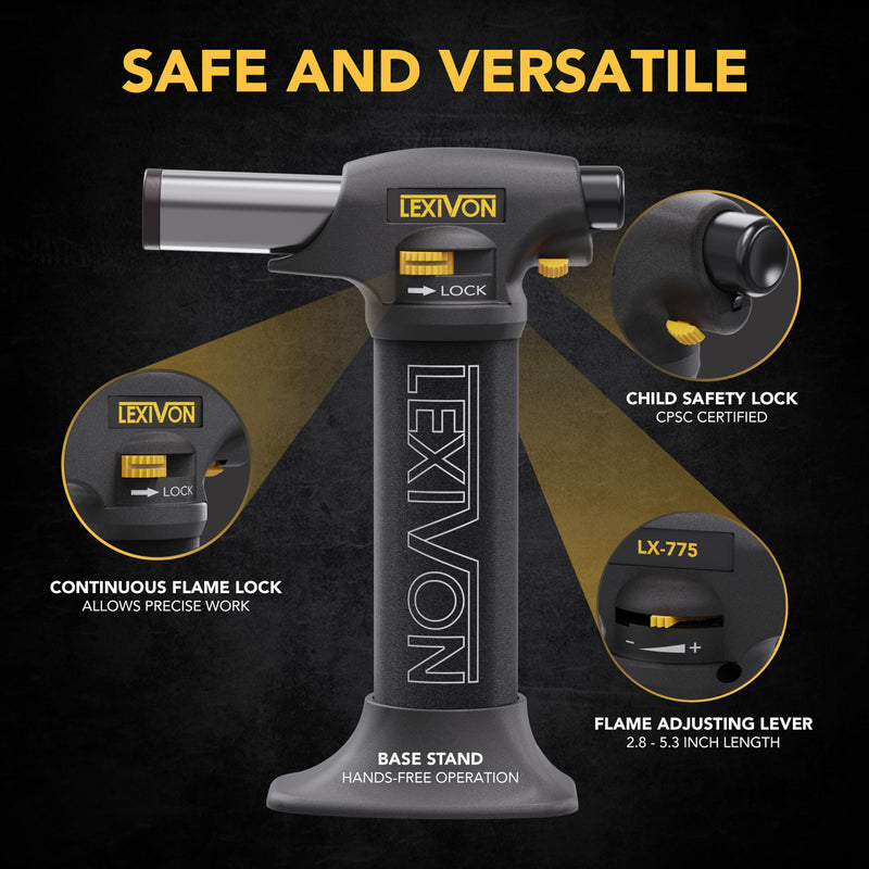 LEXIVON Butane Torch Lighter, Refillable Kitchen Cooking Torch | Self-Igniting with Safety Lock and Adjustable Flame | Pro-Grade Aluminum Tank (LX-775) Gas lighter