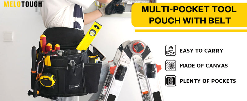 MELOTOUGH Professional Tool Belt Pouch,Small Tool Pouch with Belt,Design Multi-Functional Pockets for Electrician/Carpenter/Construction, Waist Fits 32-50 Inches Black