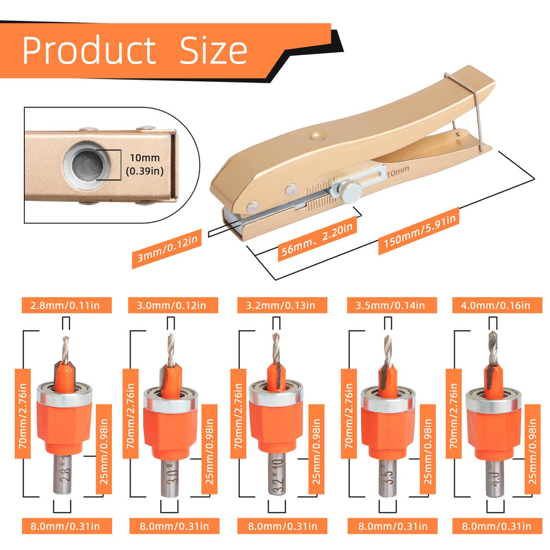 6Pcs Limit Countersink Drill Bit Set with Hole Punch, Adjustable Depth Wood Countersink Drill Bit Kit, Includes 1/8"-5/32" Bits & 3/8" Punch, Perfect for Woodworking & PVC Edge Banding (Bits + Plier) Drill Bit+Hole Punch