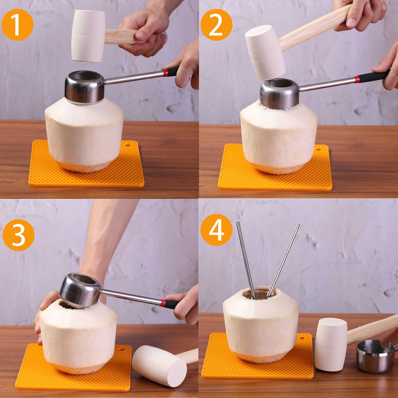 Coconut Opener Tool Set, Stainless Steel Coco Opener Kit for Coconut Young & Mature, Coconut Shell Puncher Knife, White Rubber Hammer with Wood Handle, Silicone Mat Shockproof 3 In 1 White Hammer Kit