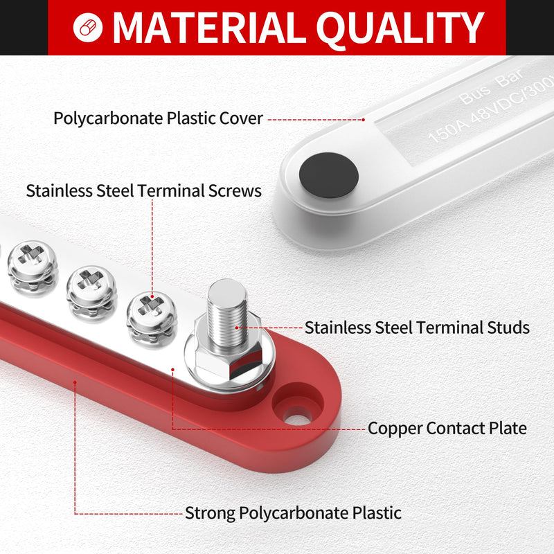 DAIERTEK 12v Bus Bar 150A Small Battery Power Distribution Block 12 Volt Positive & Negative Terminal Block Busbar 2 x 1/4" Terminal Studs 5 x #8 Terminal Screws with Cover for Marine Automotive Car 2M6+5S