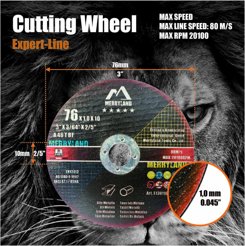 Merryland 25 Pieces Cutting Disc 76 x 1.0 Metal Steel Stainless Steel | 76 mm angle grinder, 76 x 1.0 x 10 mm thin flex disc straight, expert line E13011022-25 76 x 1.0 all metals, 25 pieces