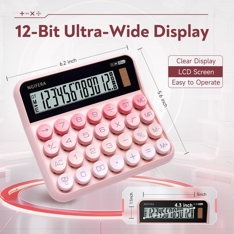 Mechanical Calculator,12 Digits, Large LCD Display,Big Buttons,Solar and Battery Dual Power Mechanical Keyboard Desktop Pink Calculators,Cute and Aesthetic (Pink, Large) Pink Gradient