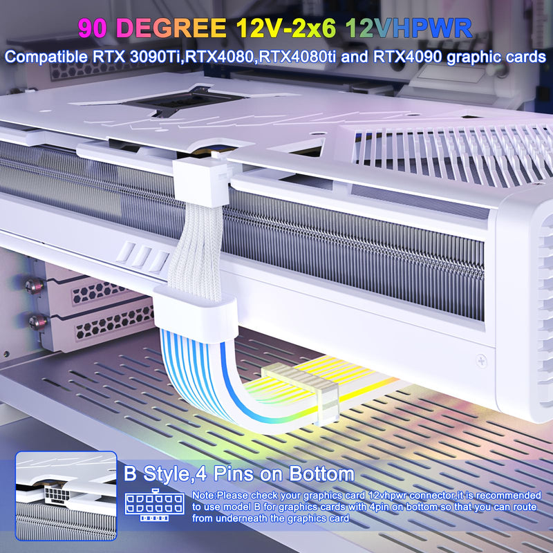 Sirlyr 12VHPWR RGB PSU Cables,90 degree Adapter 16 Pin GPU Cable,PCIE 5.0 ARGB Extension - Male to Male for RTX 3090Ti 4080Ti 4090 600W Graphic Card to ATX 3.0 Power Supply,PC Build 27In B Style White