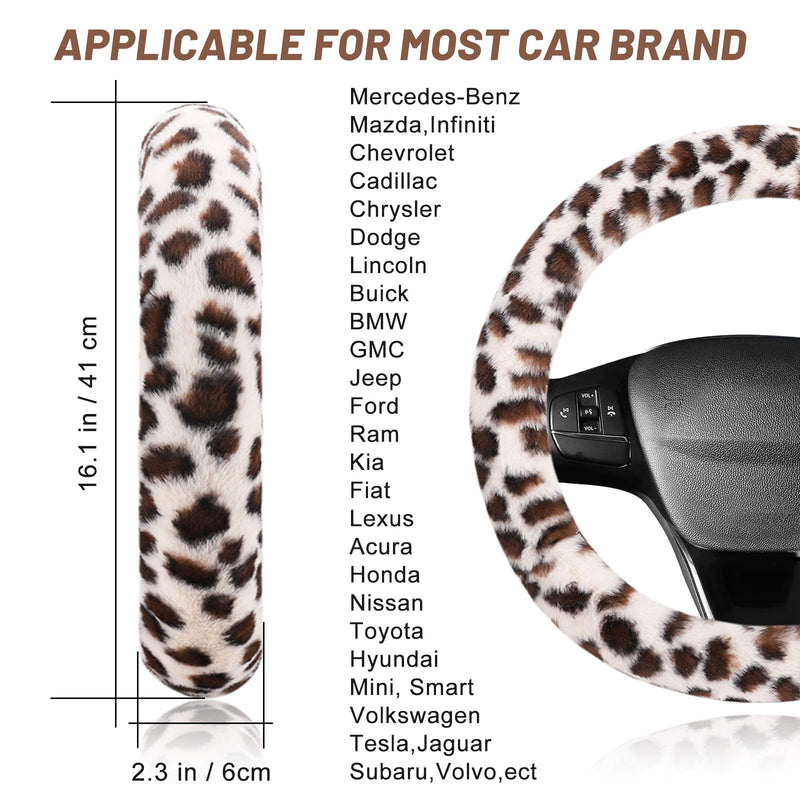 Fuzzy Steering Wheel Cover for Women Girls, Accmor Universal Fit 15 inch Fur Car Wheel Cover & Handbrake Cover & Gear Shift Cover Set, Fashion Leopard Winter Warm Fluffy Vehicle Wheel Protector Beige/Dark Brown Leopard short hair