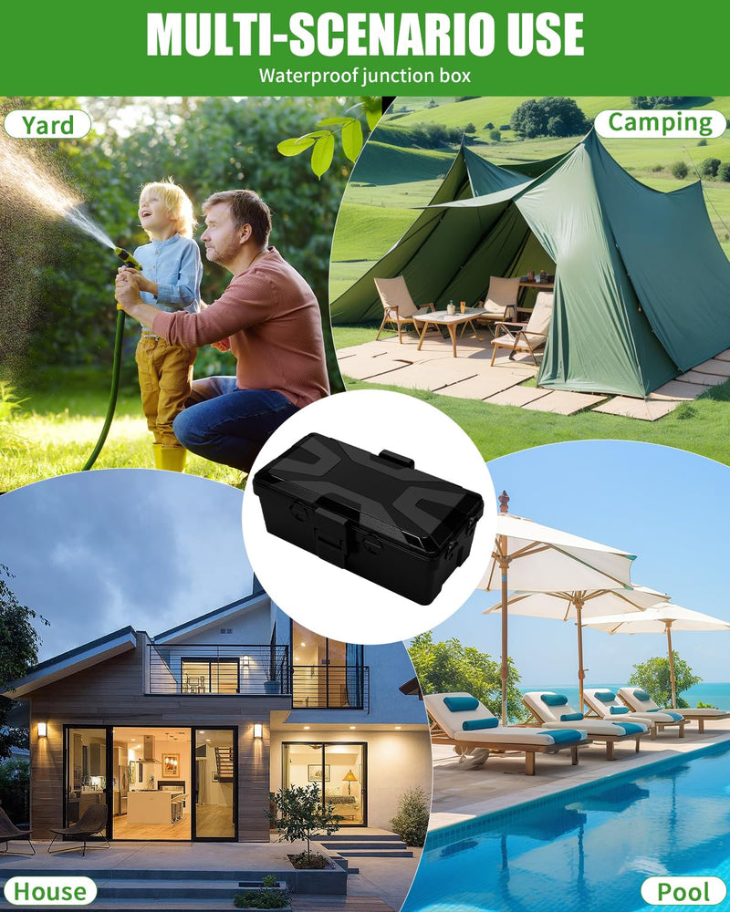 Waterproof Cable Box, 26.1 x 15 x 9.4 cm, Outdoor Cable Safe Box, Cable Box | 6 cable inputs and outputs, weatherproof connection box covers protect socket, timer, holiday light, black Black (black-1)