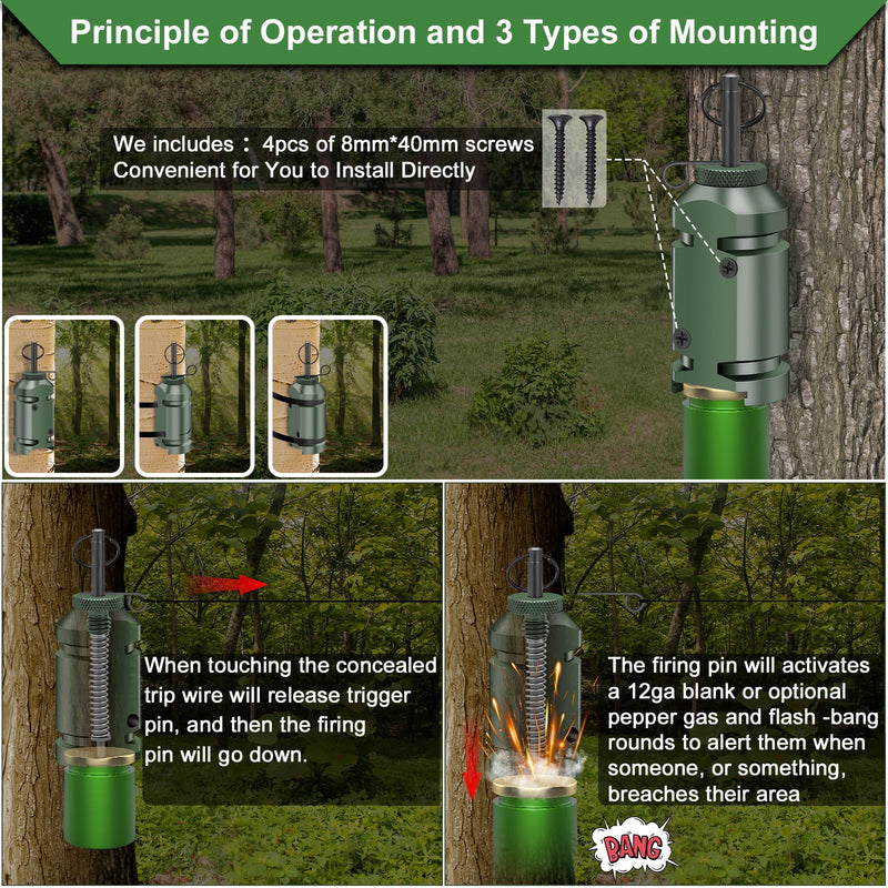 Perimeter Trip Alarm,Trip Alarm,12 Gauge Camping Trip Wire Alarm Device with 4pcs Screws,Early Warning Security System for Outdoor and Property Safety/Bear Deterrent -Dark Green (Adapter Not Included 2pc-Dark Green