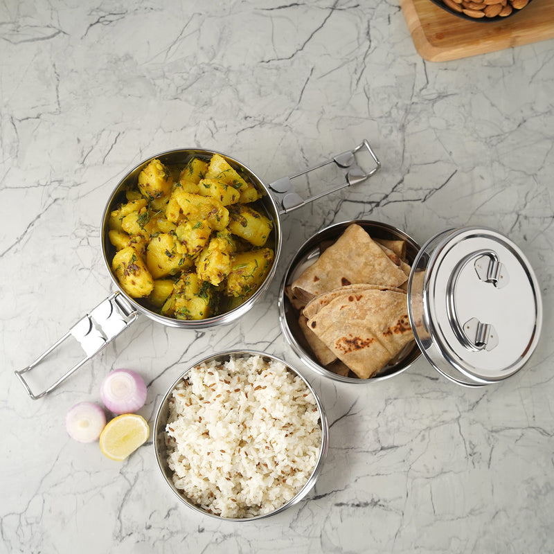 Sumeet Stainless Steel 3 Compartment Lunch Box/Tiffin with Lid and Handle, 11.5Cm Dia, (1500ML, Silver) | Stackable, Traditional Tiffin Container / Dabba with Handle for Office, 11.5Cm Diameter 1500ml 3 Tier
