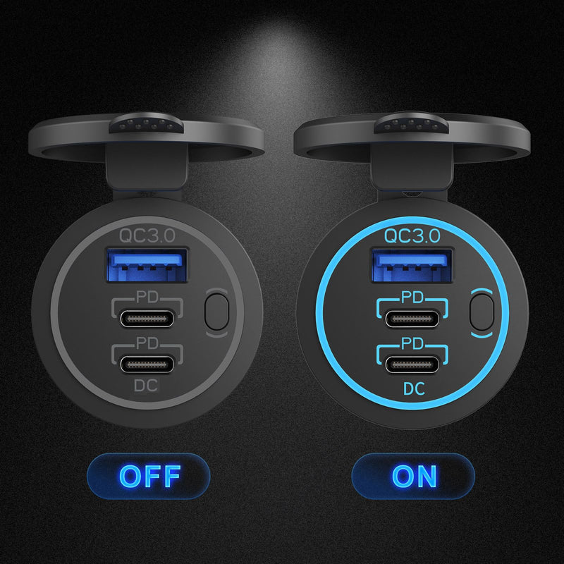 2 PACK 12V USB Outlet Wired USB Charger Multi Port, Dual PD3.0 USB-C and Quick Charge 3.0 Car USB Port Socket with Power Switch, Fast Charger for Cell Phone Tablet, Suitable for Car Boat RV Marine ATV