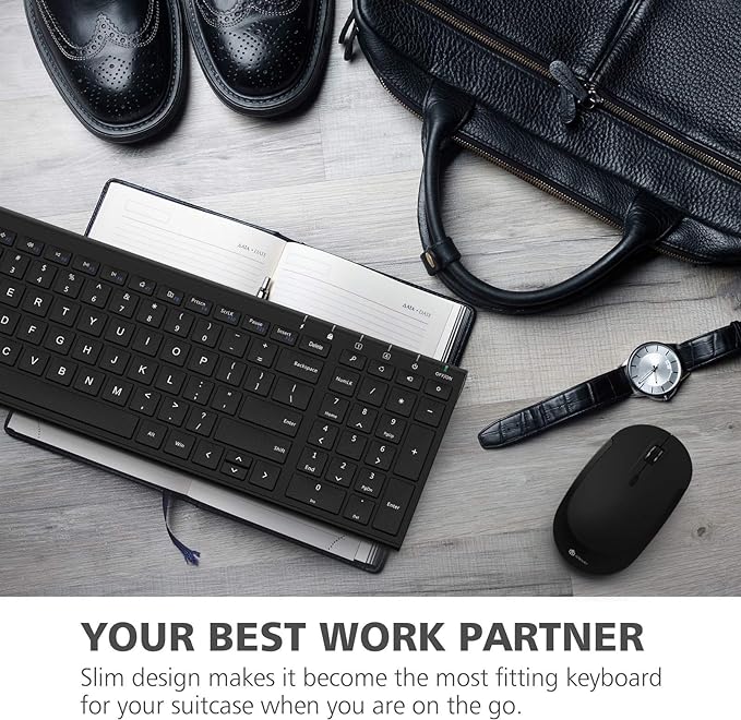 Rechargeable Wireless Keyboard and Mouse Combo- J JOYACCESS 2.4G Full Size Portable Keyboard and Mouse Ergonomic, Quiet Click Compact Design for Laptop,PC,Desktop,Computer,Windows- Black