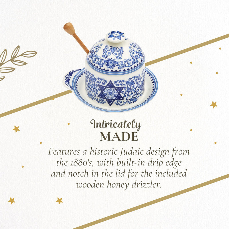 Spode Judaica Honey Pot with Drizzler - 10.5 oz Fine Porcelain Jar with Lid & Wood Dipper, Rosh Hashanah Gift for Holiday Tables - Great for Hanukkah, New Year, Thoughtful Hostess Present