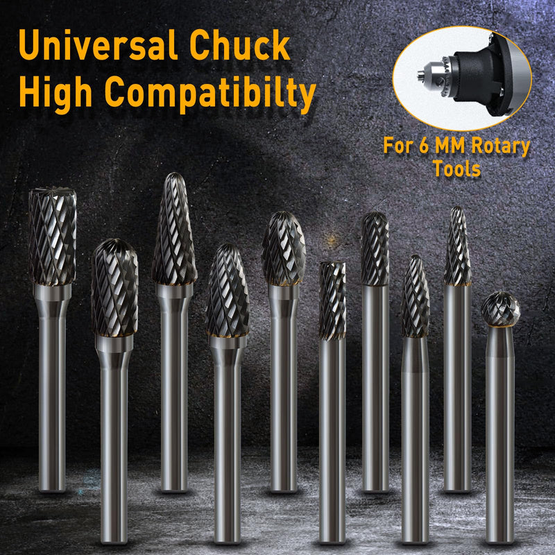 10 Pcs Carbide Burr Set 1/4 Shank w/Big Beech Holder Die Grinder Bits Drill Bits Grinding Bits for Metal Rotary Tool Attachment Accessories Rasp Weld Wood Stone for Milwaukee Dewalt 6mm-10PCS