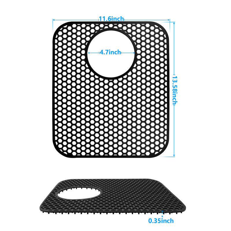 Sink Protectors for Kitchen Sink,2 PCS Silicone Kitchen Mat 13.58"x11.6",Non-Slip Bottom Guard Compatible with Farmhouse/Stainless Steel/Porcelain(Black, Rear Drain) 13.58"x 11.6"-Rear Drain(Black)