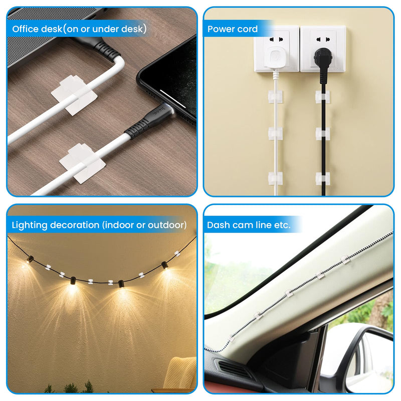 60 Pcs Small Clear Adhesive Cable Clips for Cord Management Under Desk Nightstand Phone PC Charger Plug Speaker Cord Holder Keeper Hook Wall Wire Organizer Car Dash Cam Ethernet Christmas Light