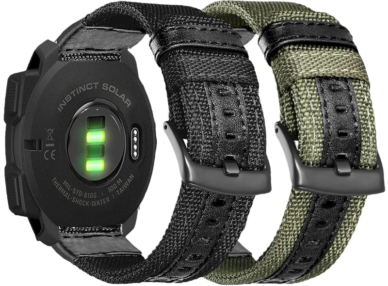Olytop 2 Pack 22mm Rugged Watch Bands for Garmin Instinct/Instinct 2 Solar, Military Fabric Sports Wristband Replacement Watch Strap Men Women for Garmin Instinct 2 Tactical/Esports/Tide M/L-Black+Army Green
