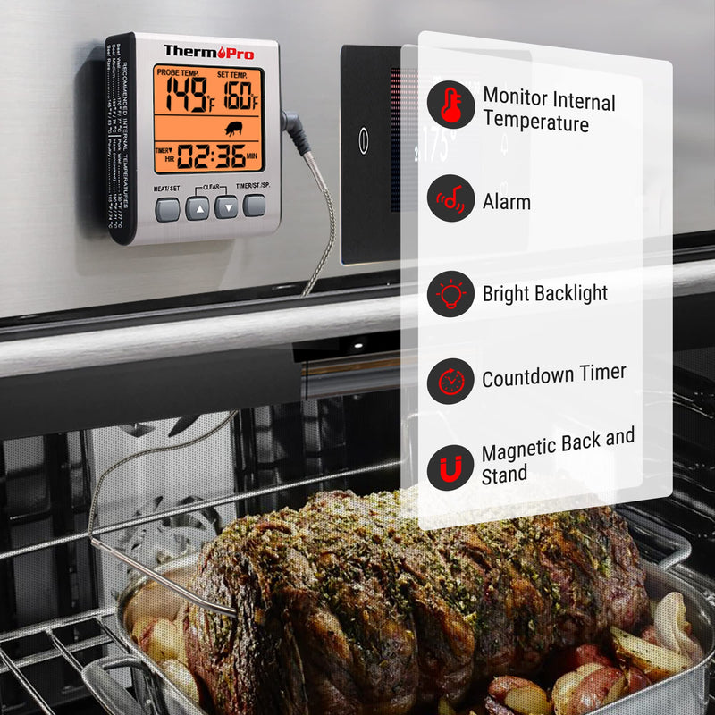 ThermoPro TP16S Digital Meat Thermometer for Cooking and Grilling, BBQ Food Thermometer with Backlight and Kitchen Timer, Grill Temperature Probe Thermometer for Smoker, Barbecue, Oven, Baking,Oil Light Silver